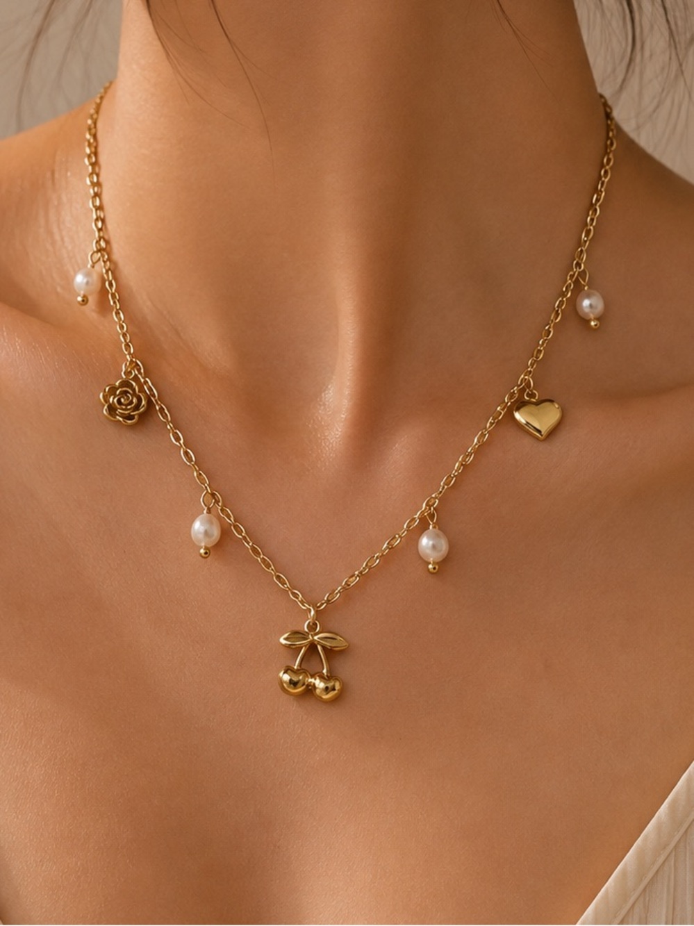 #224 Cherry Rose Heart Gold Plated Stainless Steel Necklaces